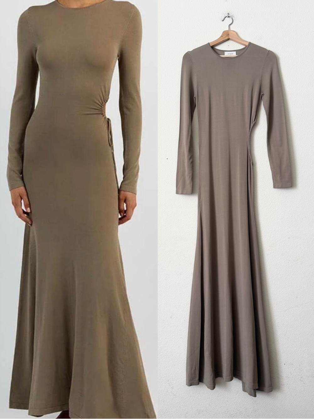 DISSH MEDIUM Grace crewneck cut out long sleeve maxi dress in taupe brown